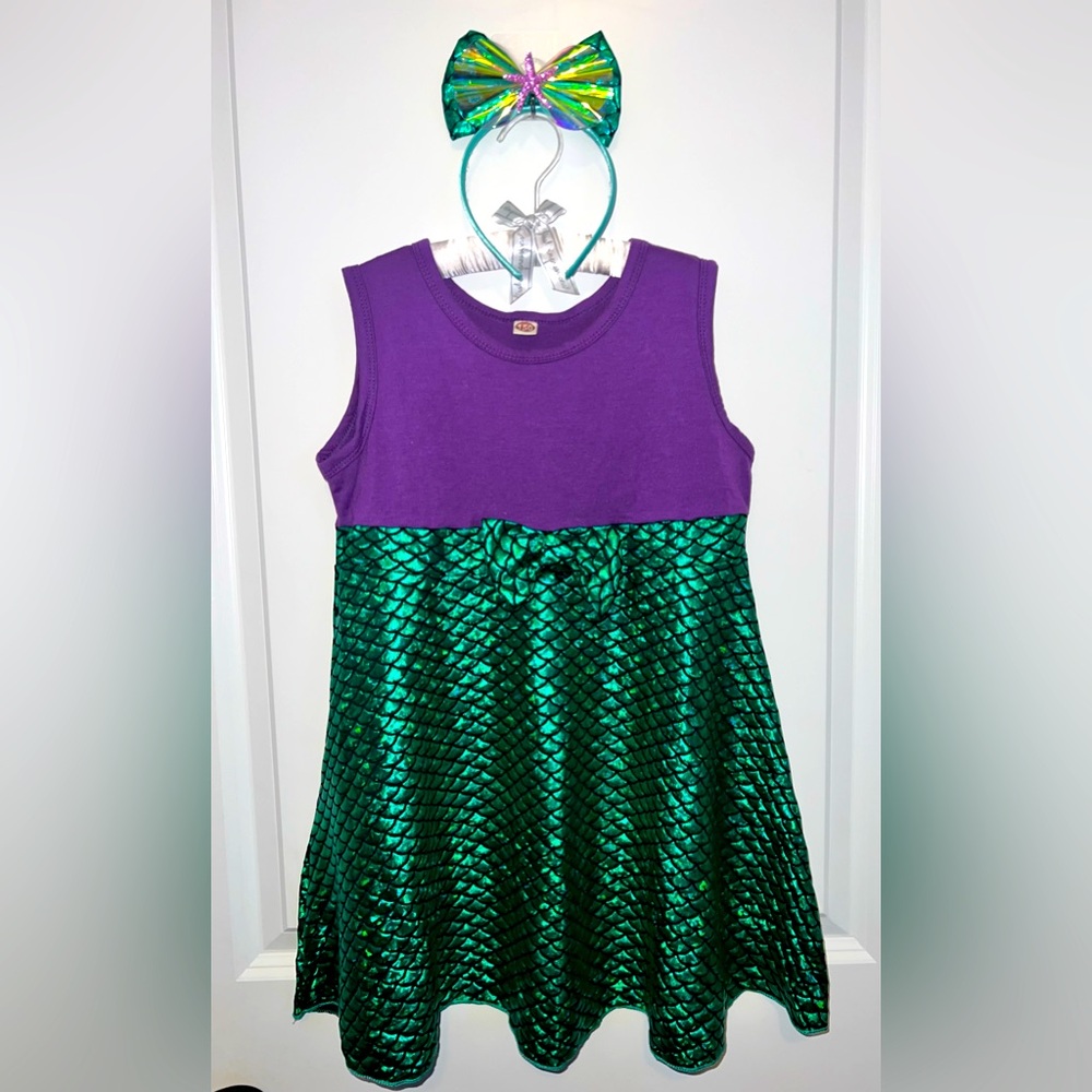 Girls Purple and Green Mermaid Scale Skater Dress with Matching Headband